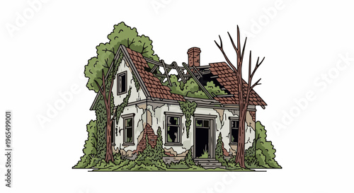 Overgrown, dilapidated house with a broken roof and boarded windows