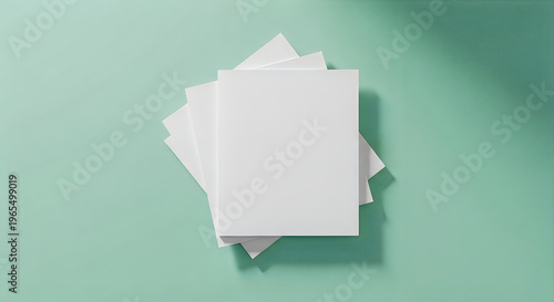 Stack of blank white papers on a light green background