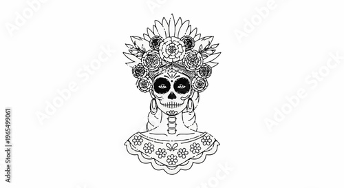 Stylized skull face woman with floral headdress and ornate dress