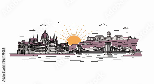Stylized skyline with notable buildings, a bridge, and a sunrise