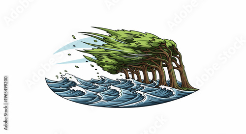 Trees bending from strong wind with rough waves below