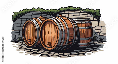 Three wooden barrels resting on a cobblestone ground against a stone wall