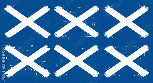 Six stylized white crosses on a distressed blue background