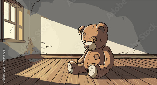 Solitary, worn teddy bear sits in dusty, sunlit room with cracked walls