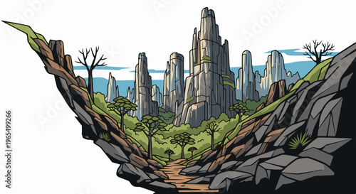 Stylized canyon landscape with tall rock spires and sparse trees
