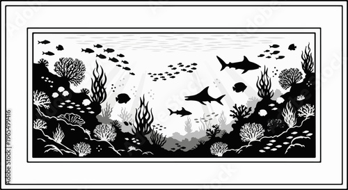 Silhouetted underwater scene featuring coral reefs, diverse fish, and sharks