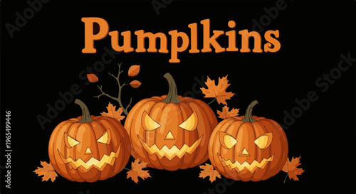 Three carved pumpkins with spooky faces and autumn leaves