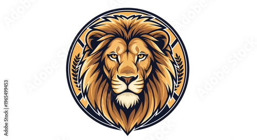 Majestic Lion Head Emblem Mascot Logo with Laurel Wreath - Heraldic Power and Leadership Symbol Vector Illustration