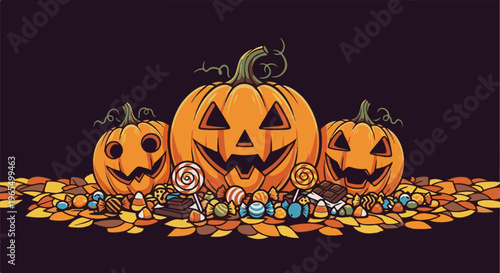 Three jack-o'-lanterns sit on a bed of autumn leaves with various Halloween candies
