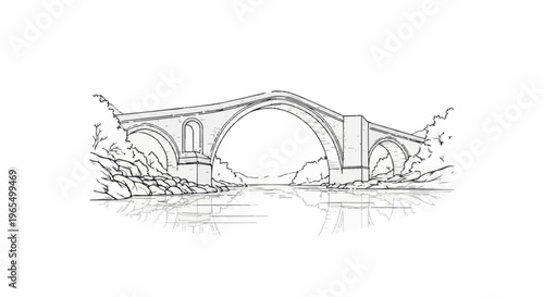 Sketch of an arched stone bridge crossing a river with rocky banks
