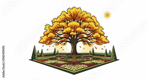 Stylized autumn tree and garden with patterned flowerbeds and topiaries