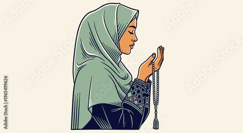 Muslim Woman in Hijab Praying with Tasbih, Spiritual Islamic Illustration of Faith and Devotion for Ramadan and Eid