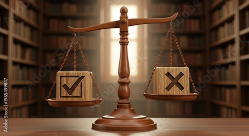 Wooden balance scale with checkmark and cross symbols on a desk in a library office representing legal decision making fairness and justice