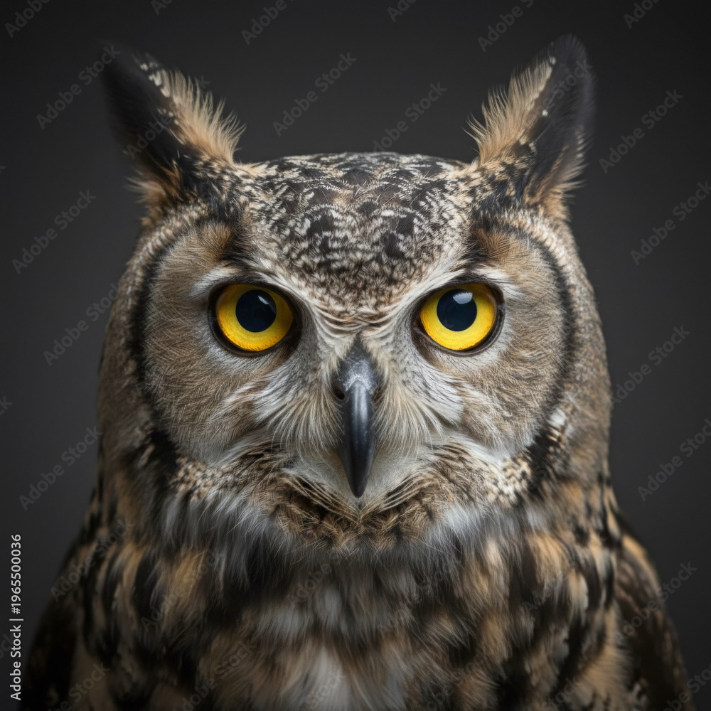 Obraz premium Owl face with intense yellow eyes close up on dark background for wildlife and predator bird