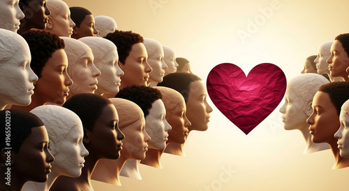 Row of diverse face profiles with light effect and red heart, representing community, unity and love, suitable for inclusive or Valentine's concepts