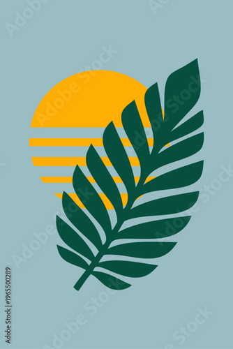 Logo agencia de viajes. Vacaciones de verano. Dibujo sencillo con siluetas de un paisaje con una hoja de la palma y un sol