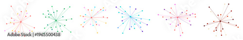 Colorful radial lines with dots in burst pattern, circular network graph, data visualization. Connection nodes, radial chart, information design, digital technology concept. Flat vector illustration i