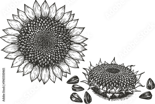 sunflower heads with seeds hand drawn botanical illustration of mature flower and shelled sunflower seeds