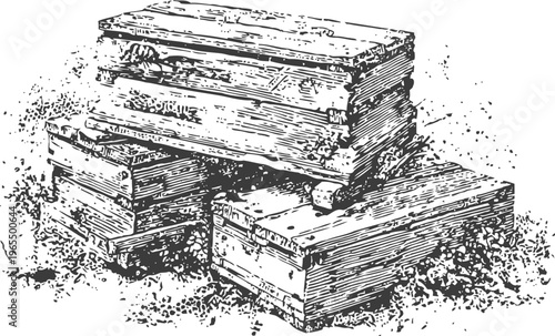 Stack of old wooden crates with rustic texture, vintage storage boxes in a pile