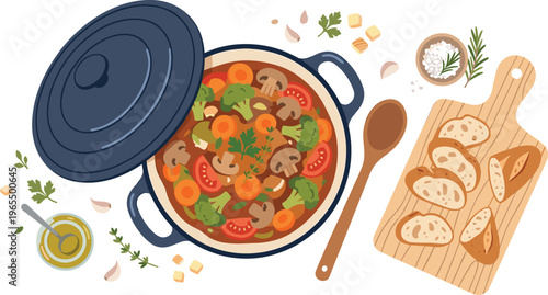 Vegetable Soup Cooking Illustration with Fresh Ingredients Bread Slices Olive Oil Herbs and Kitchen Utensils for Healthy Homemade Food Design