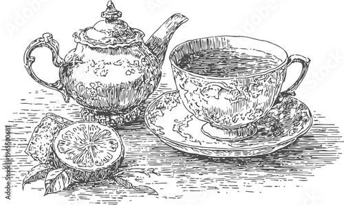 Vintage teapot and cup with tea, lemon slice and sugar cubes in detailed hand drawn