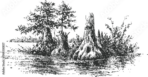 swamp landscape with cypress trees and water plants black and white vintage illustration of wetland ecosystem
