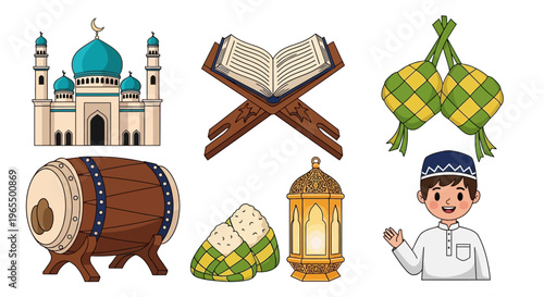 Set of Islamic Ramadan and Eid Mubarak Icons Featuring Mosque, Holy Quran on Rehal, Ketupat, Bedug Drum, Lantern, and Cute Muslim Boy Character Illustration