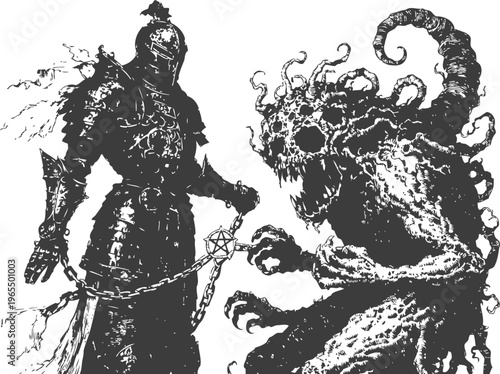 Armored knight confronting monstrous demon with chains and dark fantasy battle scene