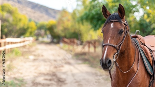 Brown horse with saddle and bridle standing on path in rural landscape. Equestrian animal outdoor portrait at nature park. Concept of lifestyle, tourism, ranch and horse riding activity.
