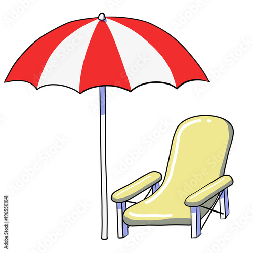 Hand-drawn a beach lounge chair and a red and white striped umbrella isolated on transparent background.  summer vacation and travel