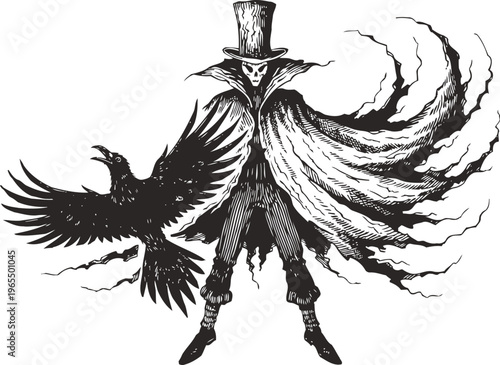 Dark mysterious skeleton figure in top hat and cloak with swirling smoke and flying raven
