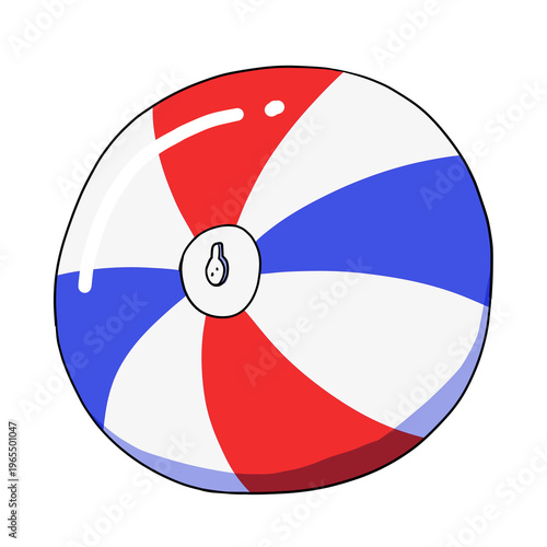 Hand-drawn of an inflated beach ball with red, blue, and white panel pattern isolated on transparent background. summer toy for pool and beach games