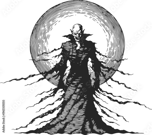 Dark vampire figure standing with tattered cloak and glowing full moon in background