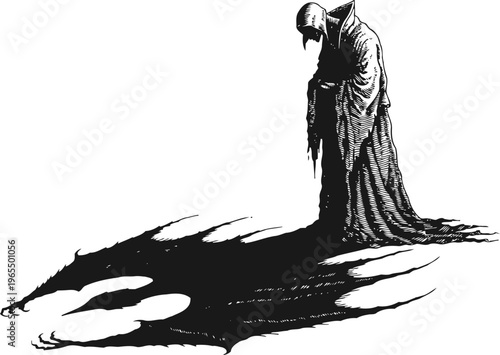 Dark cloaked figure with mysterious shadow extending outwards gothic eerie silhouette standing alone horror and fantasy concept illustration