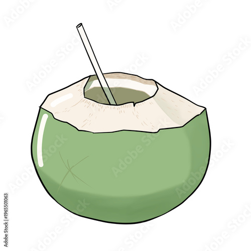 Hand-drawn a fresh green coconut drink with a straw isolated on transparent background. tropical fruit beverage for summer