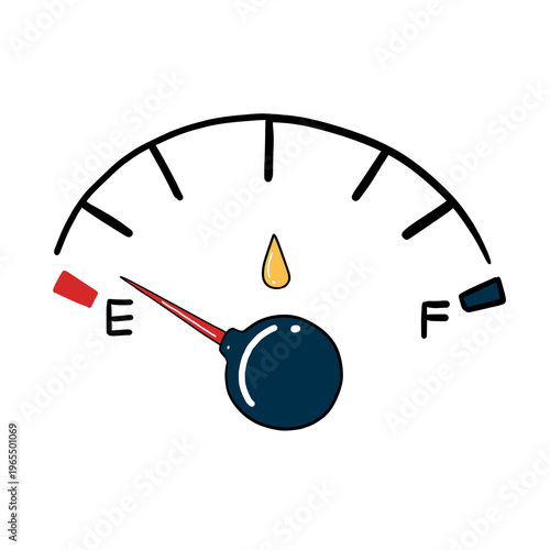 Hand-drawn a fuel gauge showing a near-empty tank isolated on transparent background. automotive dashboard instrument with red needle and petrol drop