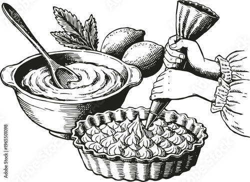 Hands decorating lemon tart with cream from piping bag, bowl with mixture and lemons