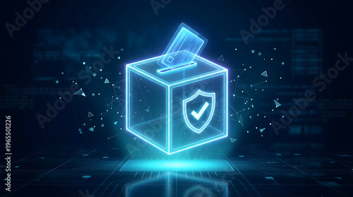 glowing translucent digital 3d ballot box with check mark shield icon representing secure electronic voting system cyber security for elections and protected data technology