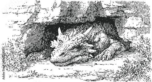 Black and white illustration of a dragon resting in a cave entrance with detailed scales and spikes
