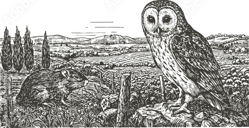 Detailed black and white illustration of an owl perched on a rock with a rat and rural landscape background
