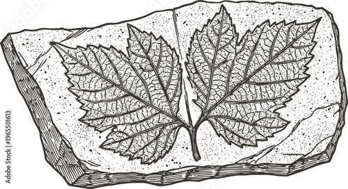fossil leaf imprint on rock detailed botanical nature illustration of ancient plant