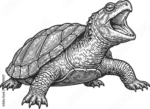 Detailed black and white illustration of a snapping turtle with open mouth and textured shell