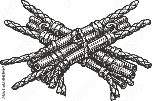 Ancient fasces symbol vintage roman bundle of wooden rods with axe bound with ropes, authority and power emblem