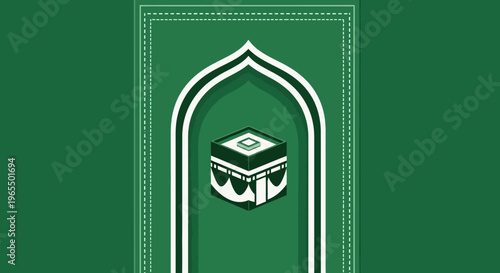 Green Islamic Background featuring Kaaba Illustration and Arch for Hajj, Umrah, Ramadan, and Eid Greetings