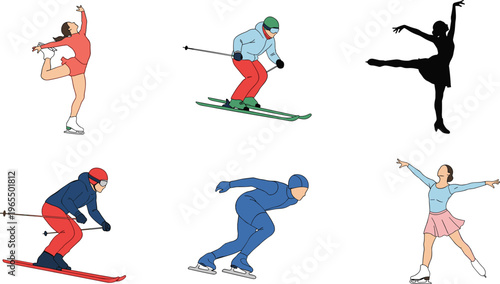 Winter Sports Illustration Set Featuring Skiing, Figure Skating, and Ice Skating in Action Poses for Sports Enthusiasts