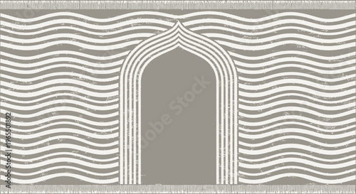 Minimalist Islamic Prayer Rug Pattern with Mihrab Arch and Geometric Waves, Neutral Taupe Textile Design for Ramadan and Eid