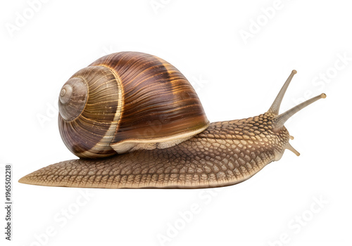 A snail with a brown shell and slimy foot
