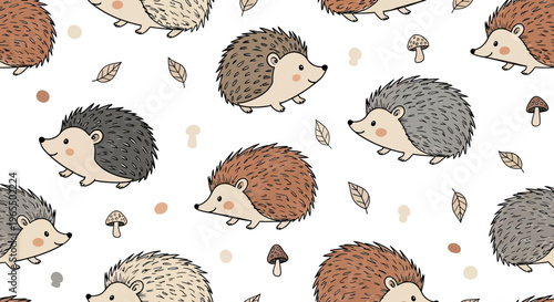 Cute hedgehog seamless pattern with autumn leaves and mushrooms on white background. Hand drawn forest animal vector illustration for kids fabric, wallpaper and wrapping paper.