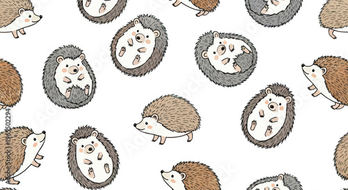 Seamless Pattern with Cute Hand Drawn Hedgehogs in Various Poses, Kawaii Woodland Animal Vector Illustration for Textile, Wallpaper and Kids Room Decor