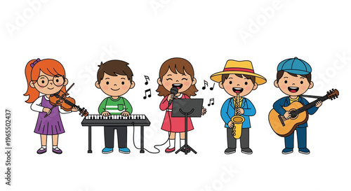 A cheerful group of children playing various musical instruments together